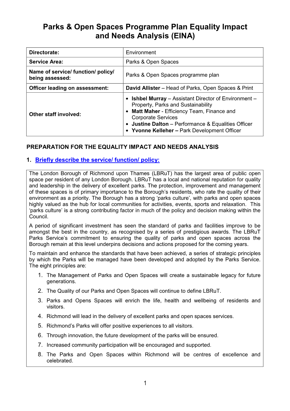 Parks & Open Spaces Programme Plan Equality Impact and Needs