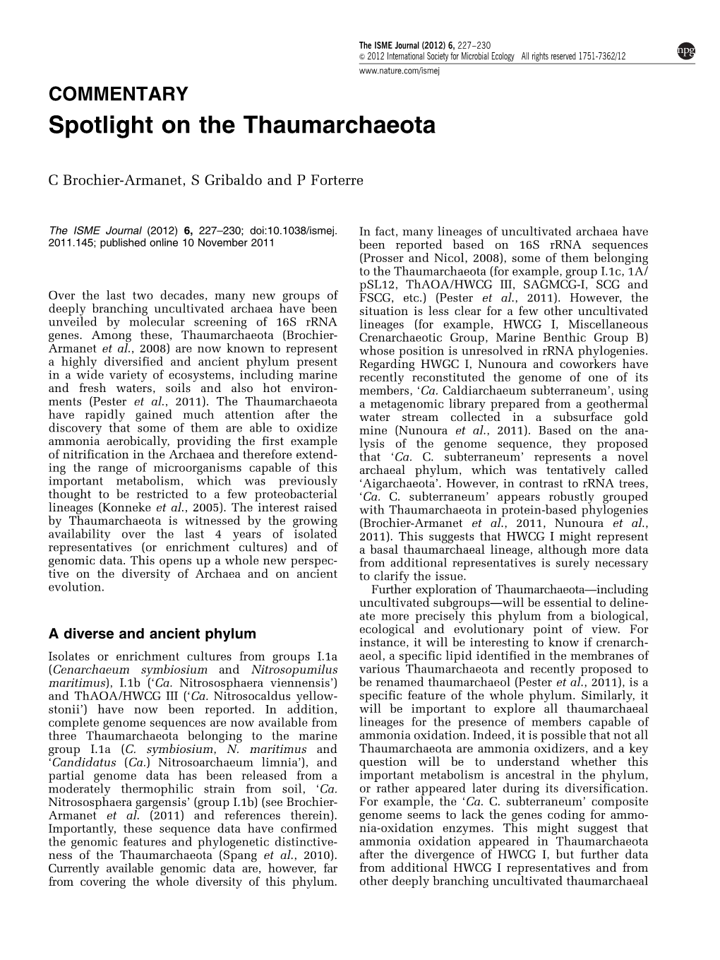 Spotlight on the Thaumarchaeota