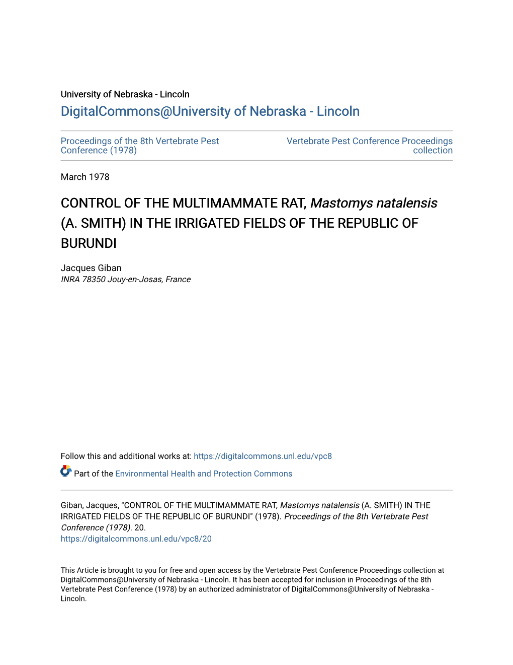 CONTROL of the MULTIMAMMATE RAT, Mastomys Natalensis (A