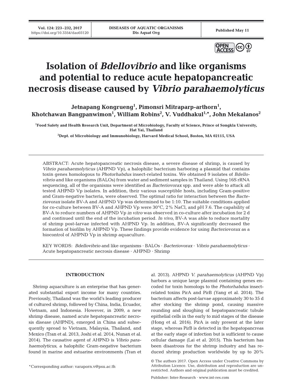 Isolation of Bdellovibrio and Like Organisms and Potential to Reduce Acute Hepatopancreatic Necrosis Disease Caused by Vibrio Parahaemolyticus