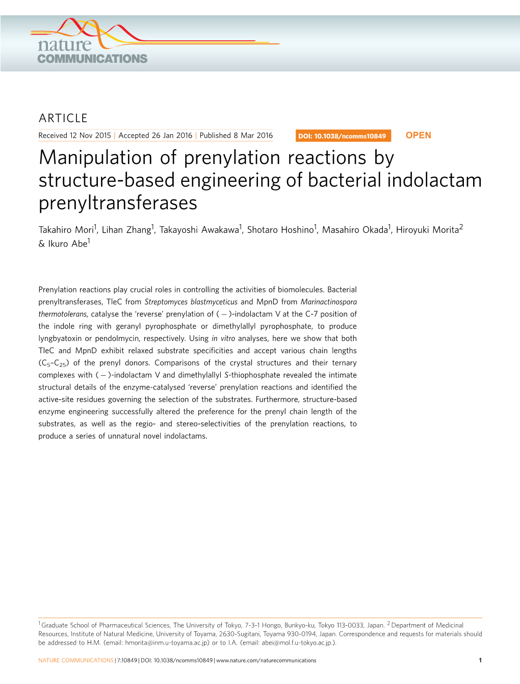 Manipulation of Prenylation Reactions by Structure-Based Engineering of Bacterial Indolactam Prenyltransferases