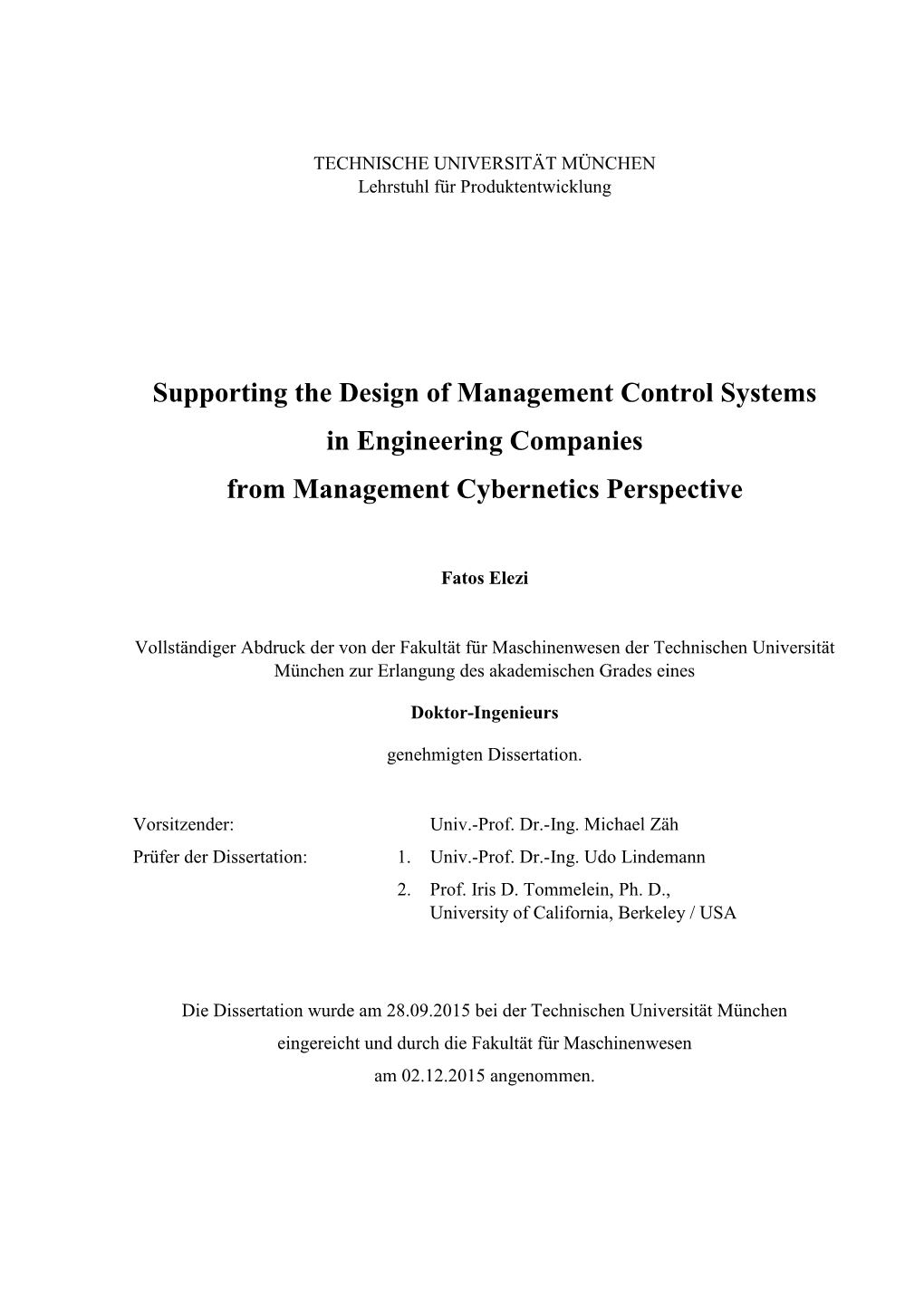 Supporting the Design of Management Control Systems in Engineering Companies from Management Cybernetics Perspective