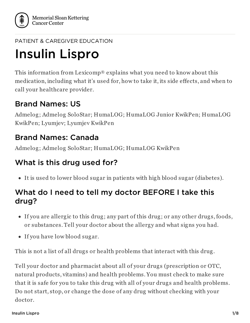 Insulin Lispro | Memorial Sloan Kettering Cancer Center