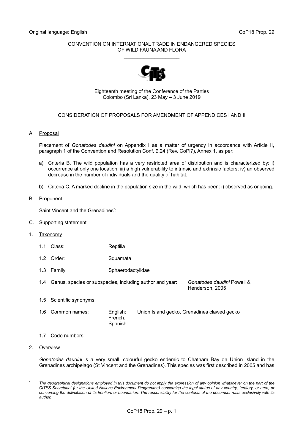 Proposal for Amendment of Appendix I Or II for CITES Cop18