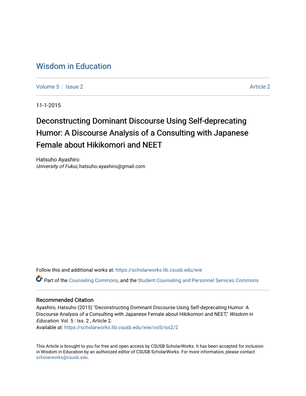 Deconstructing Dominant Discourse Using Self-Deprecating Humor: a Discourse Analysis of a Consulting with Japanese Female About Hikikomori and NEET