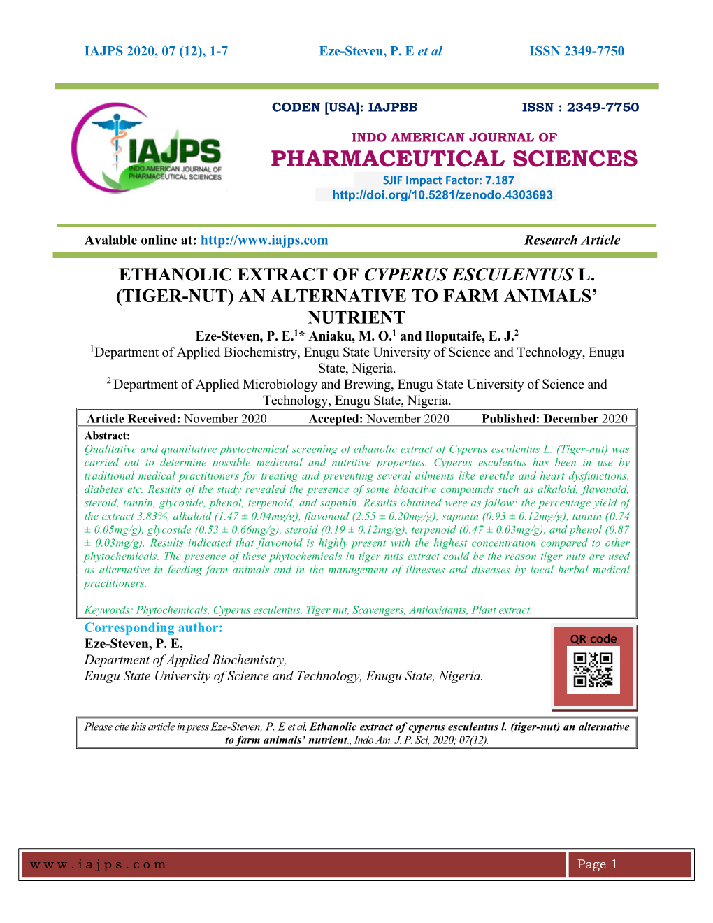 ETHANOLIC EXTRACT of CYPERUS ESCULENTUS L. (TIGER-NUT) an ALTERNATIVE to FARM ANIMALS’ NUTRIENT Eze-Steven, P