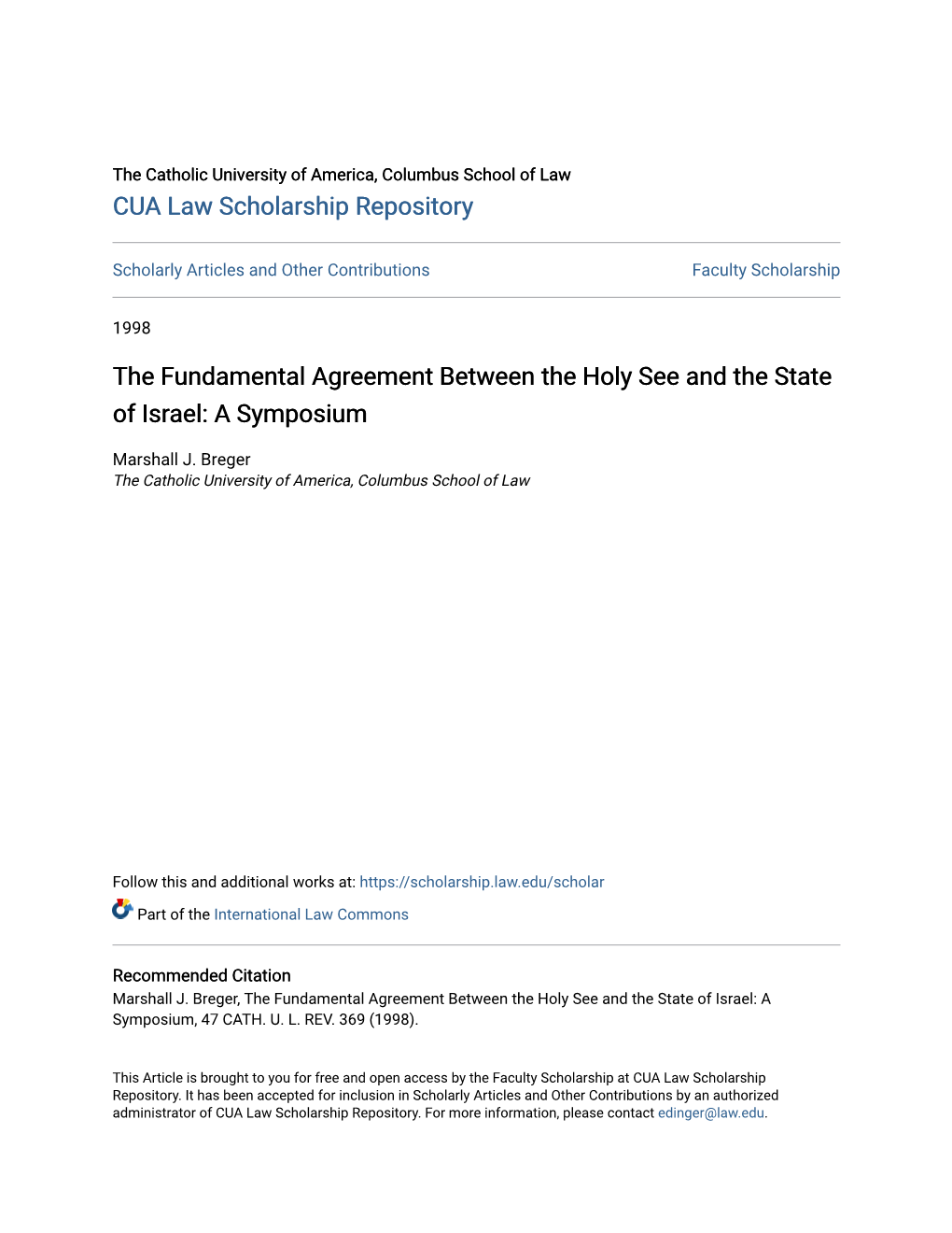 The Fundamental Agreement Between the Holy See and the State of Israel: a Symposium