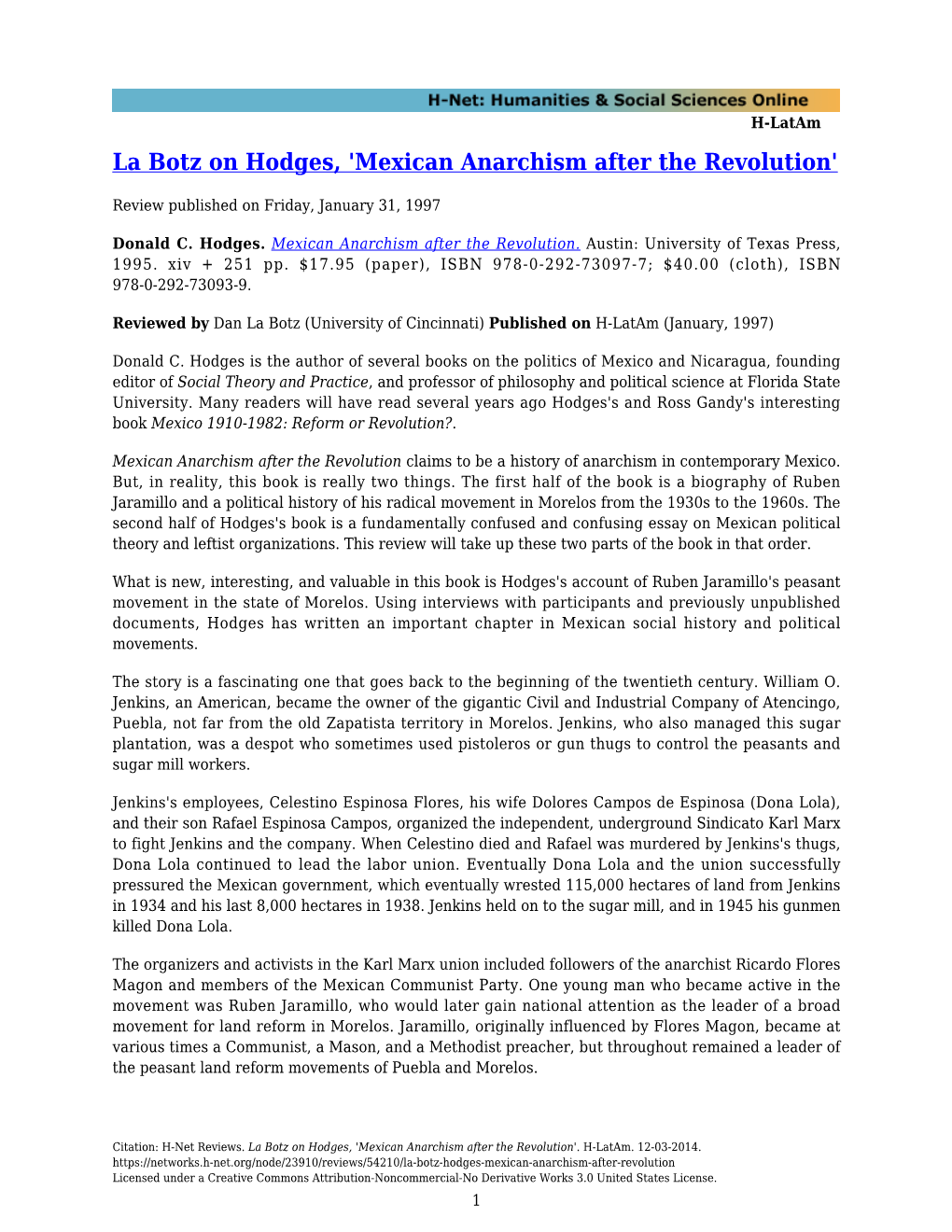 La Botz on Hodges, 'Mexican Anarchism After the Revolution'