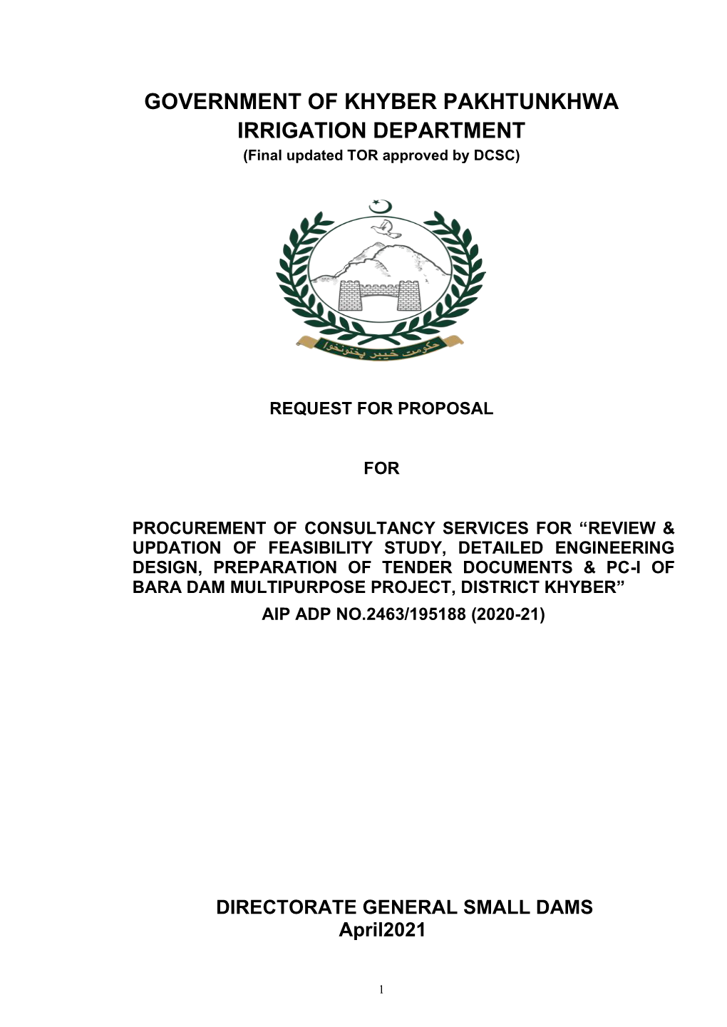 GOVERNMENT of KHYBER PAKHTUNKHWA IRRIGATION DEPARTMENT (Final Updated TOR Approved by DCSC)