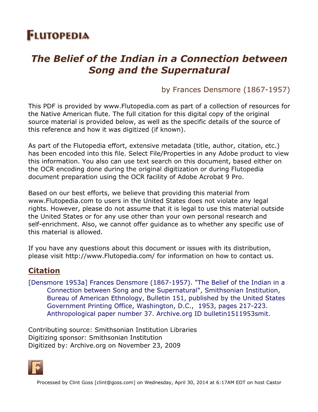 The Belief of the Indian in a Connection Between Song and the Supernatural