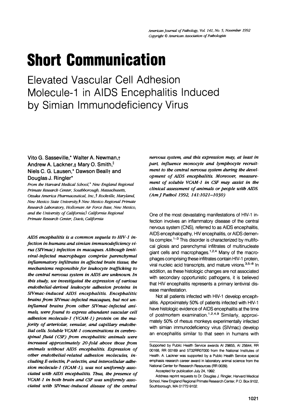 Elevated Vascular Cell Adhesion Molecule-1 in AIDS Encephalitis Induced by Simian Immunodeficiency Virus