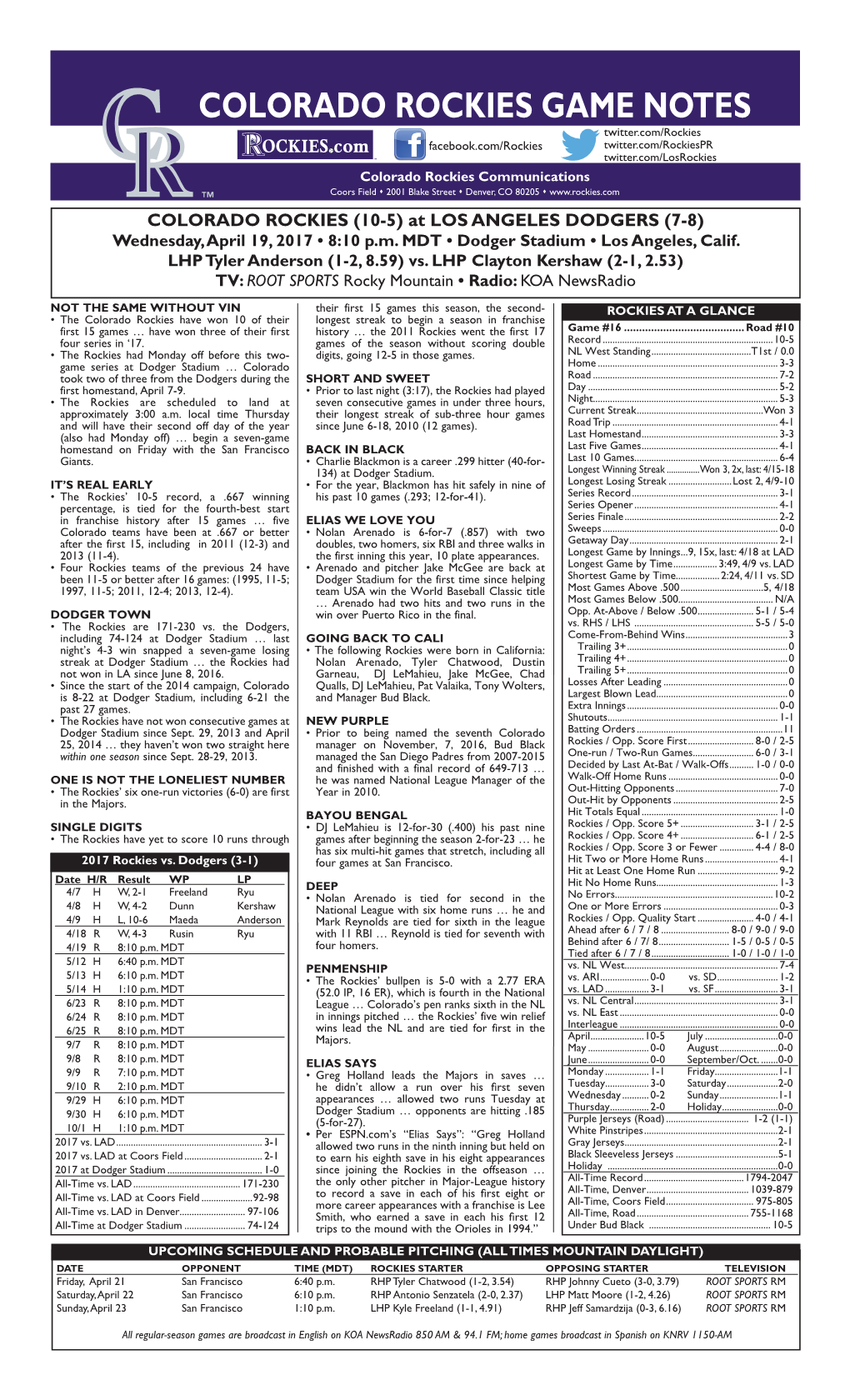 Colorado Rockies Game Notes