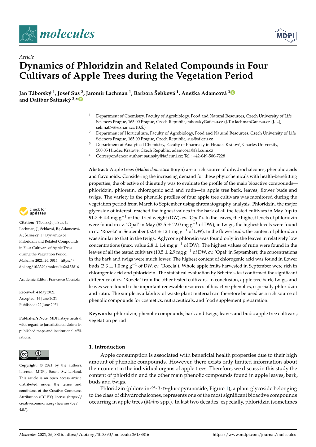 Dynamics of Phloridzin and Related Compounds in Four Cultivars of Apple Trees During the Vegetation Period