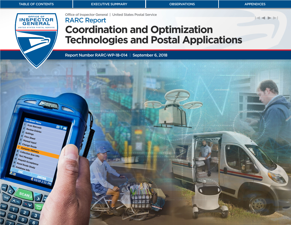Coordination and Optimization Technologies and Postal Applications. Report Number RARC-WP-18-014