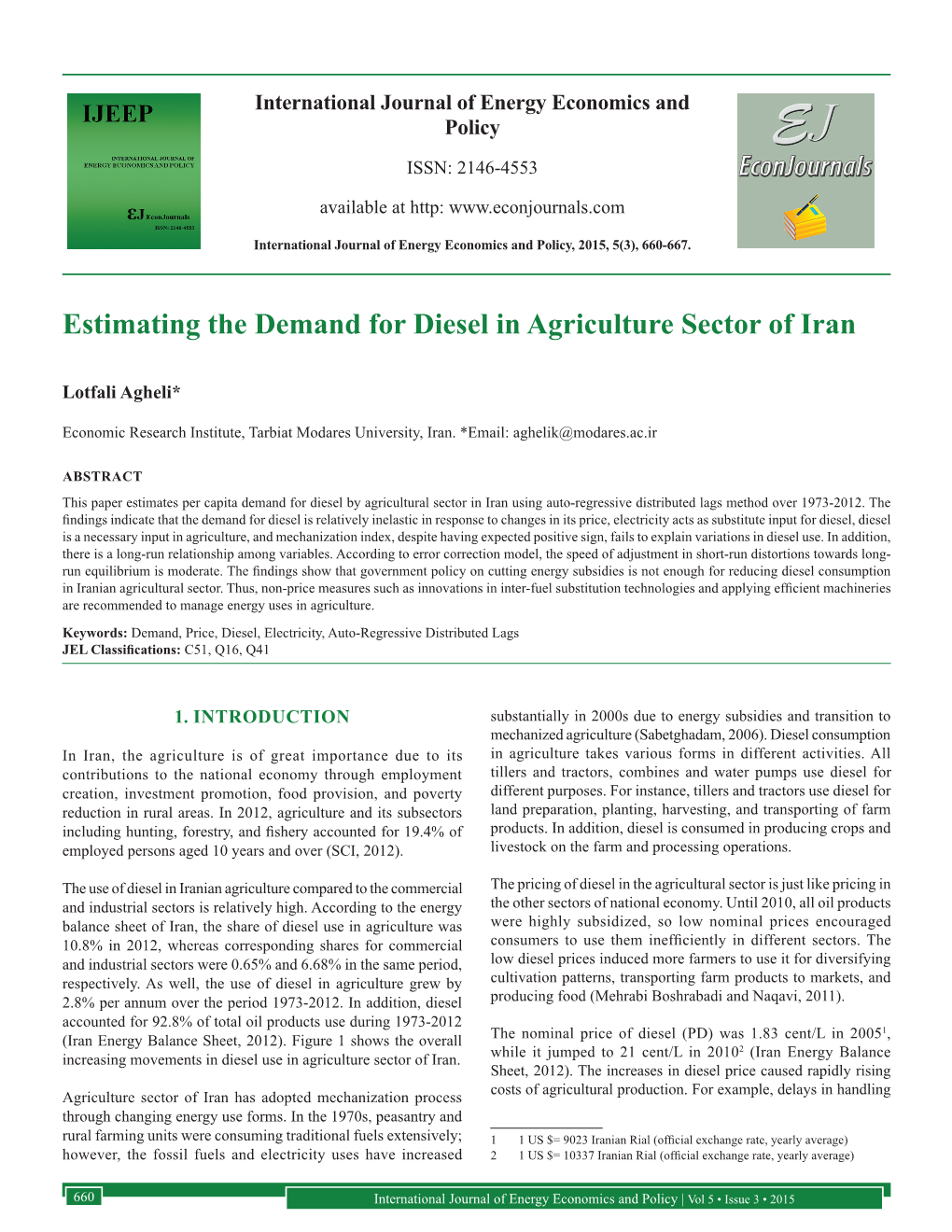Estimating the Demand for Diesel in Agriculture Sector of Iran