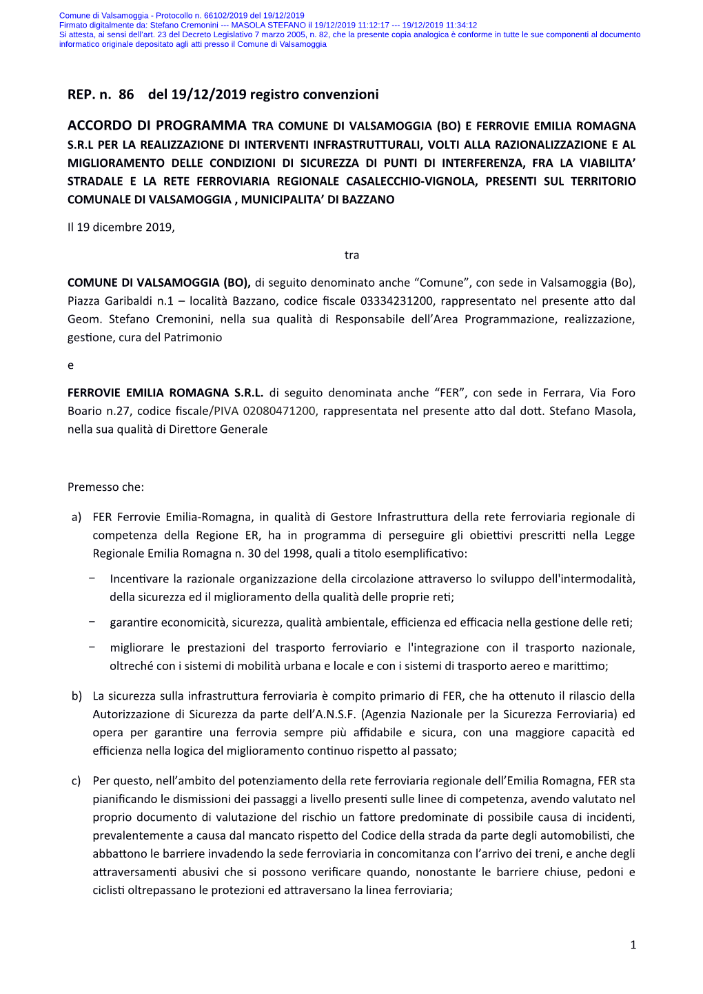 Accordo Di Programma Tra Comune Di Valsamoggia (BO) E Ferrovie Emilia