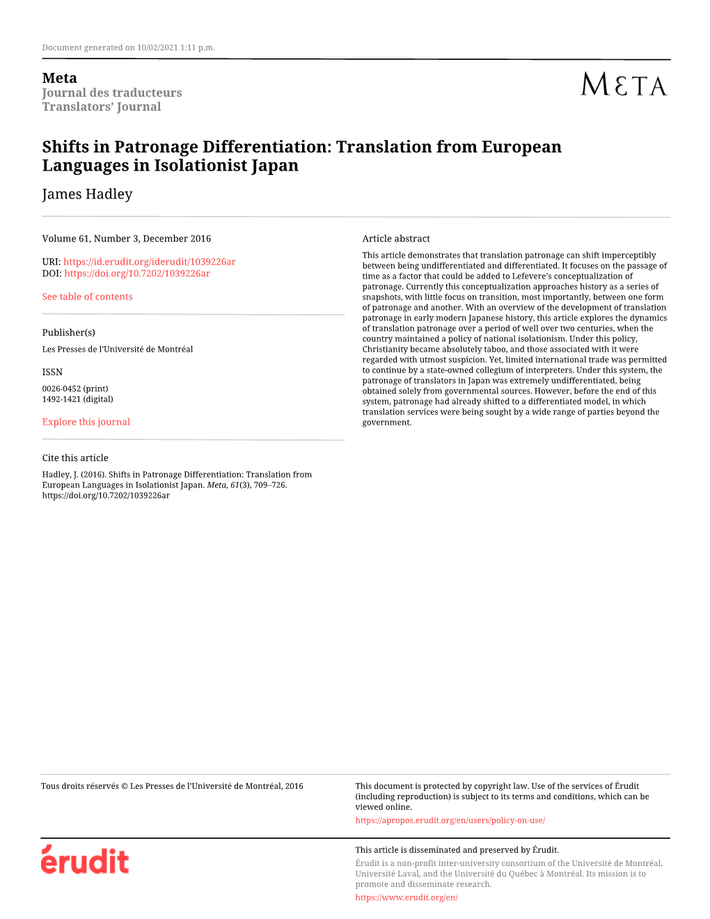 Translation from European Languages in Isolationist Japan James Hadley