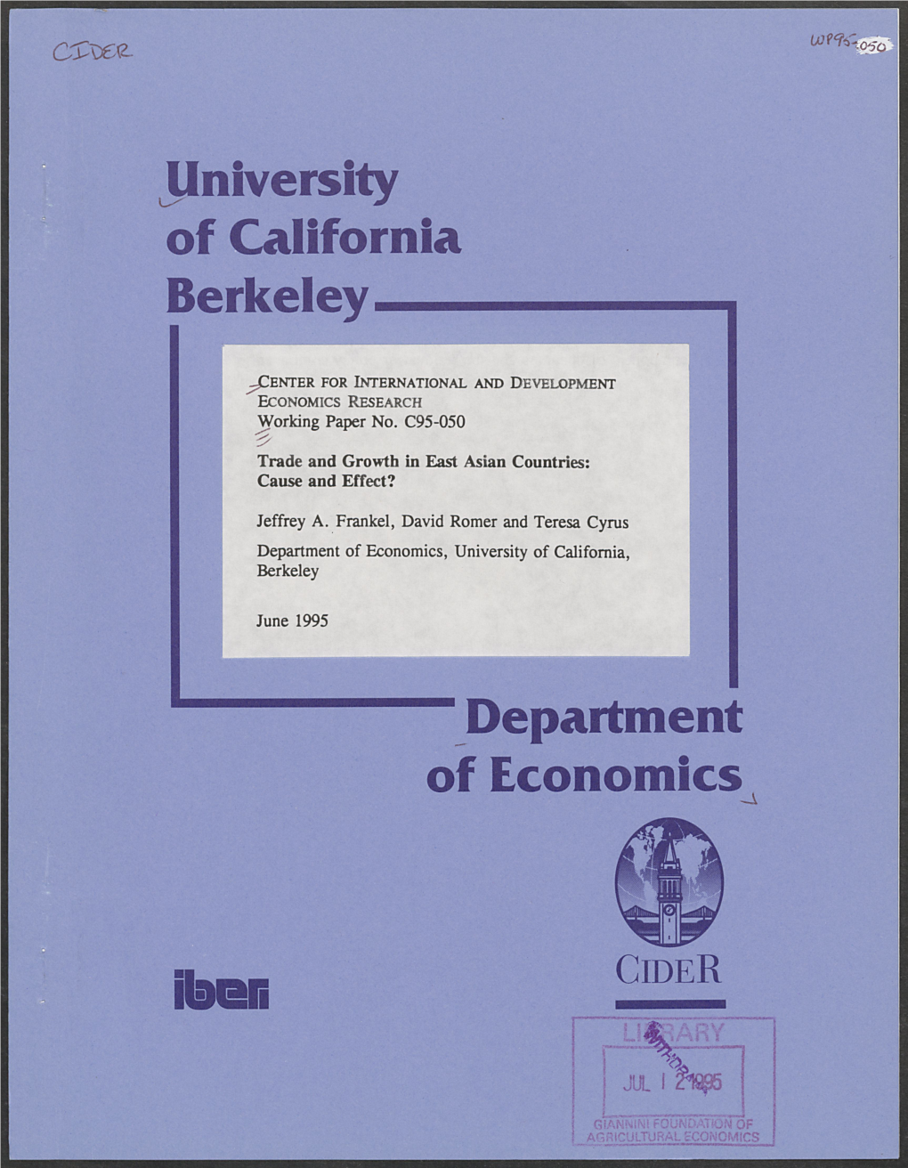 University of California Berkeley Department of Economics