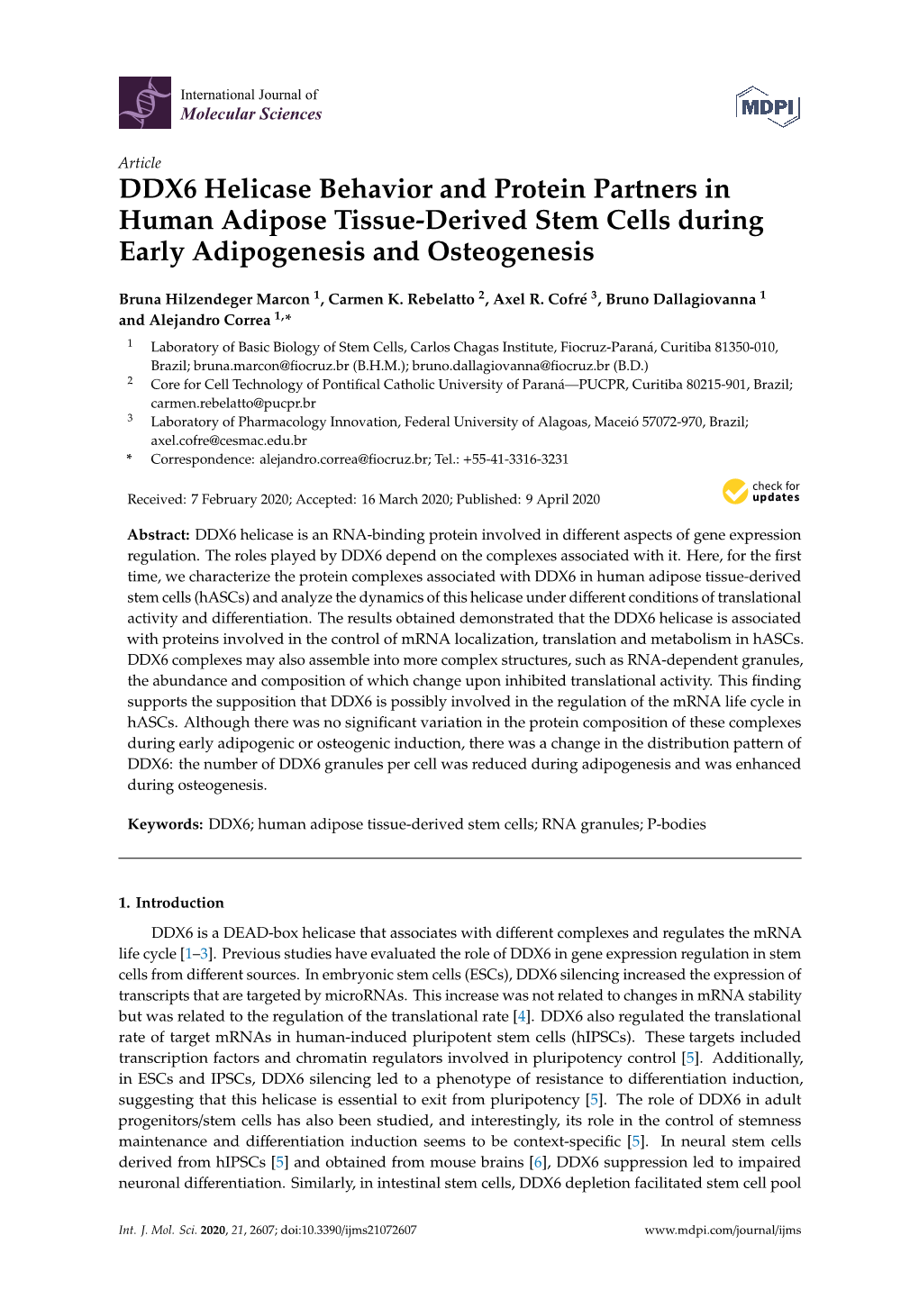 DDX6 Helicase Behavior and Protein Partners in Human Adipose Tissue-Derived Stem Cells During Early Adipogenesis and Osteogenesis