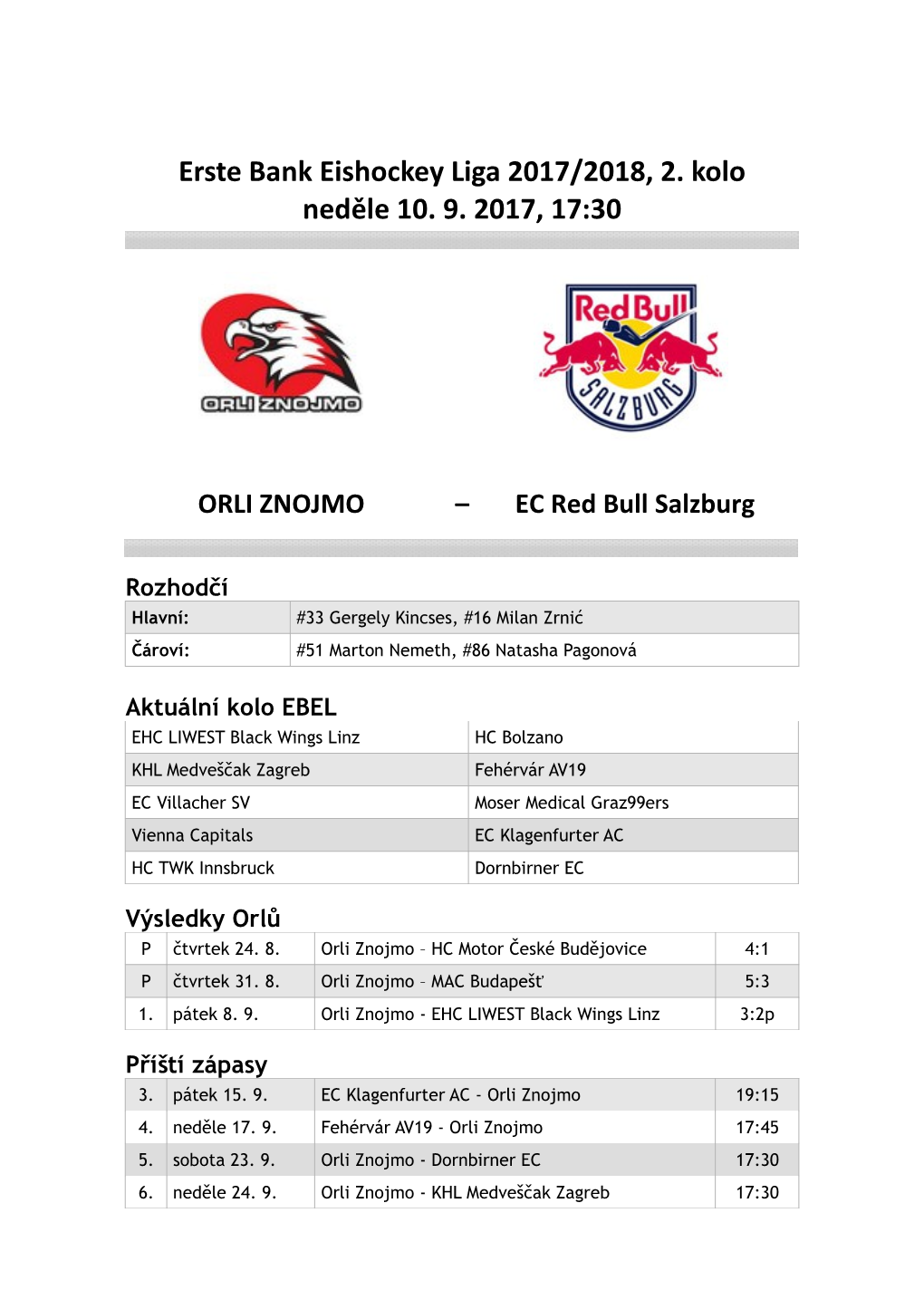 Erste Bank Eishockey Liga 2017/2018, 2. Kolo Neděle 10. 9