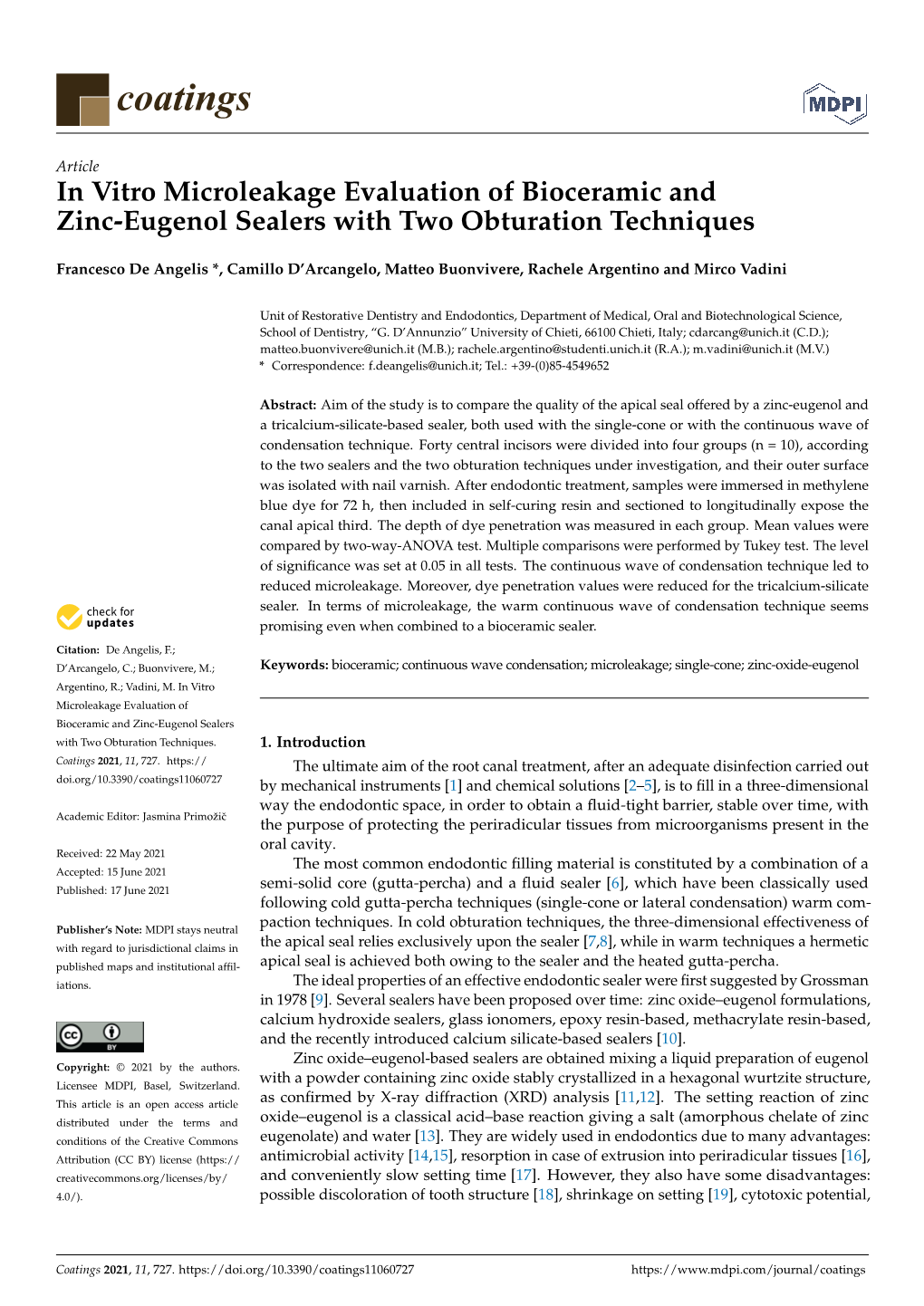 In Vitro Microleakage Evaluation of Bioceramic and Zinc-Eugenol Sealers with Two Obturation Techniques