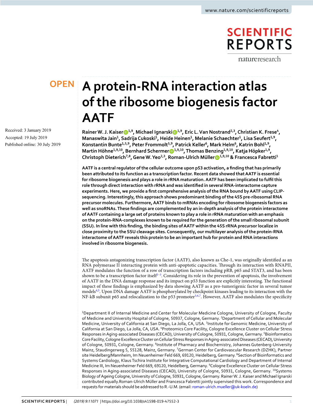 A Protein-RNA Interaction Atlas of the Ribosome Biogenesis Factor AATF Received: 3 January 2019 Rainer W