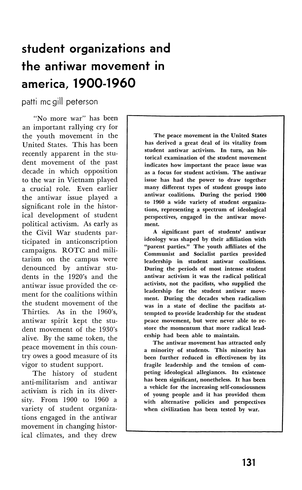 Student Organizations and the Antiwar Movement in America, 1900-1960 Patti Mcgill Peterson