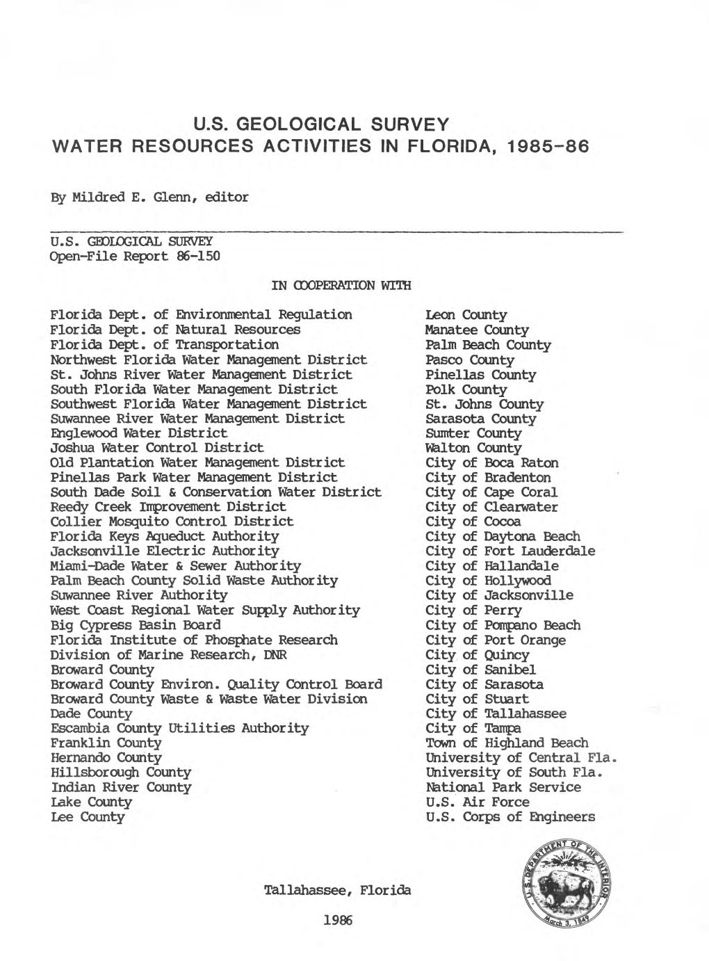U.S. Geological Survey Water Resources Activities in Florida, 1985-86