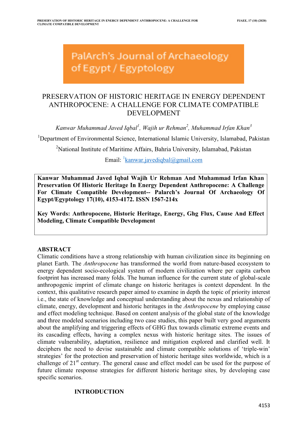 Preservation of Historic Heritage in Energy Dependent Anthropocene: a Challenge for Pjaee, 17 (10) (2020) Climate Compatible Development