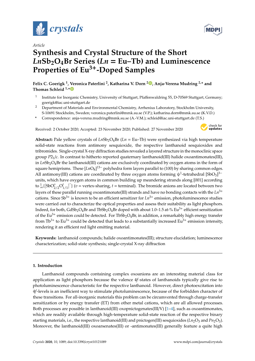 Synthesis and Crystal Structure of the Short Lnsb2o4br Series (Ln = Eu–Tb) and Luminescence Properties of Eu3+-Doped Samples