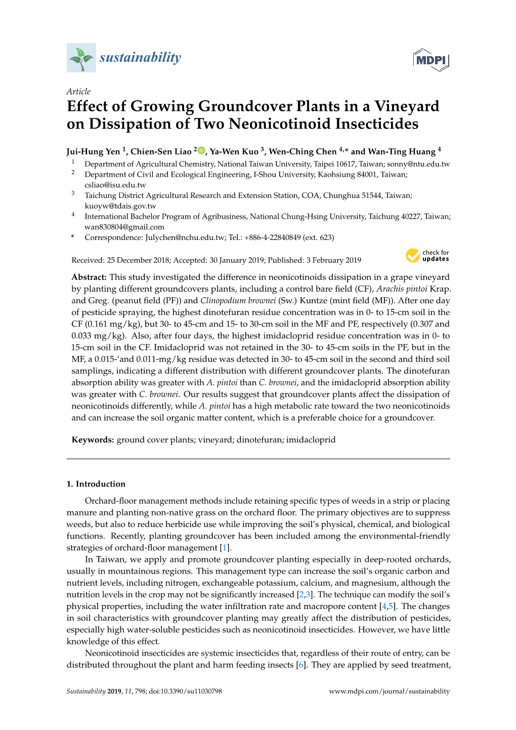 Effect of Growing Groundcover Plants in a Vineyard on Dissipation of Two Neonicotinoid Insecticides