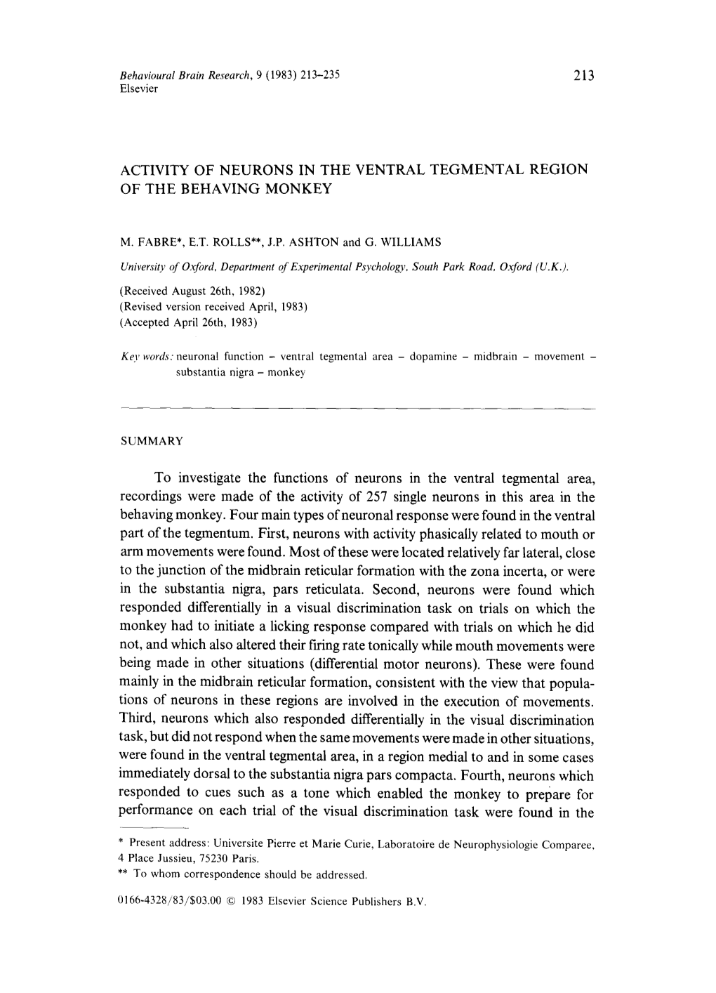 Activity of Neurons in the Ventral Tegmental Region of the Behaving Monkey