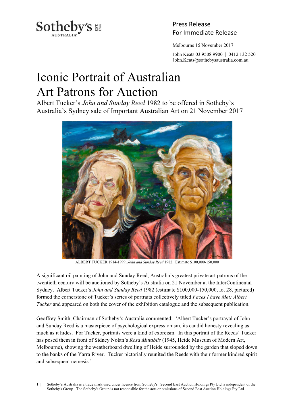 Iconic Portrait of Australian Art Patrons for Auction