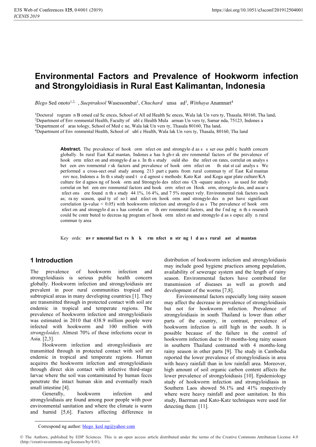 Environmental Factors and Prevalence of Hookworm Infection and Strongyloidiasis in Rural East Kalimantan, Indonesia