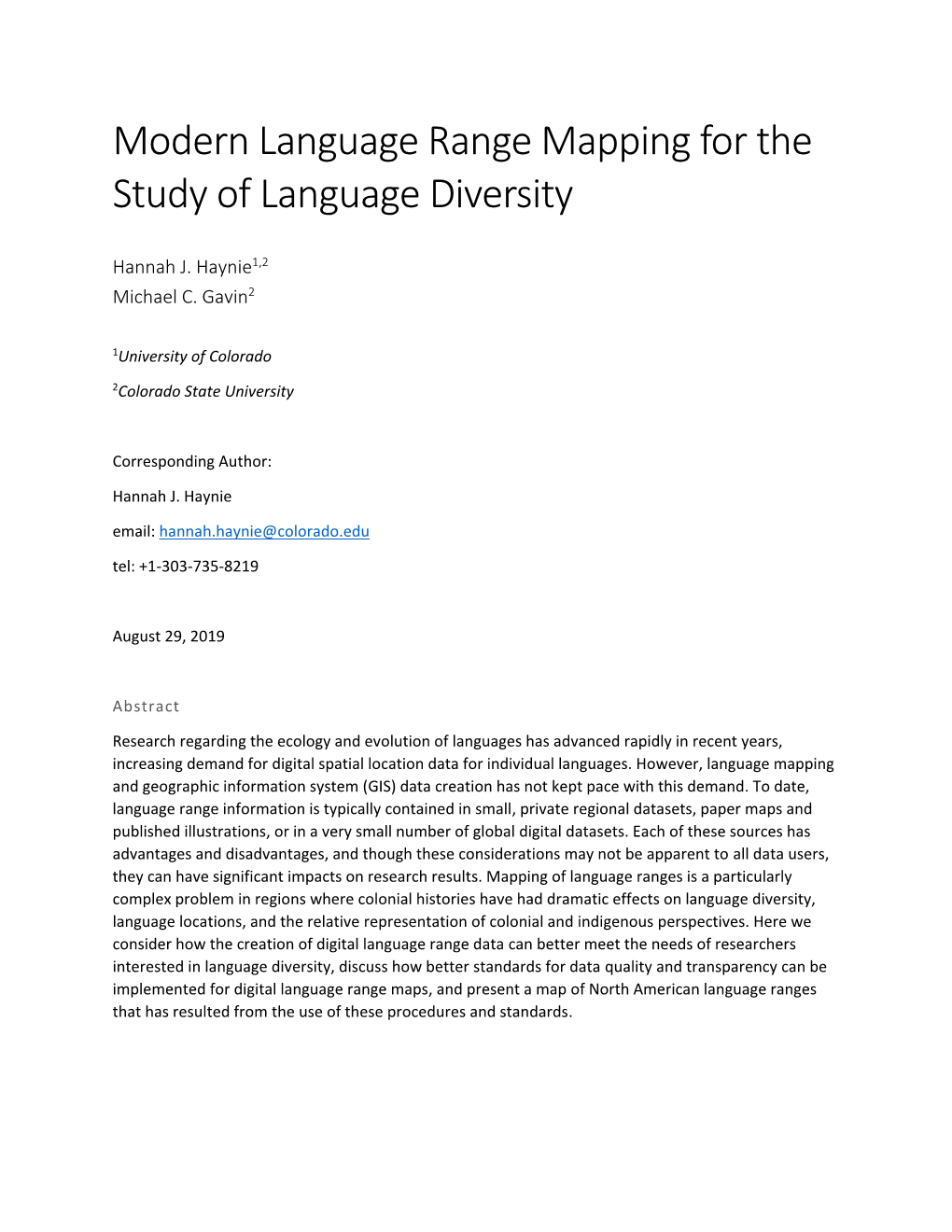 Modern Language Range Mapping for the Study of Language Diversity
