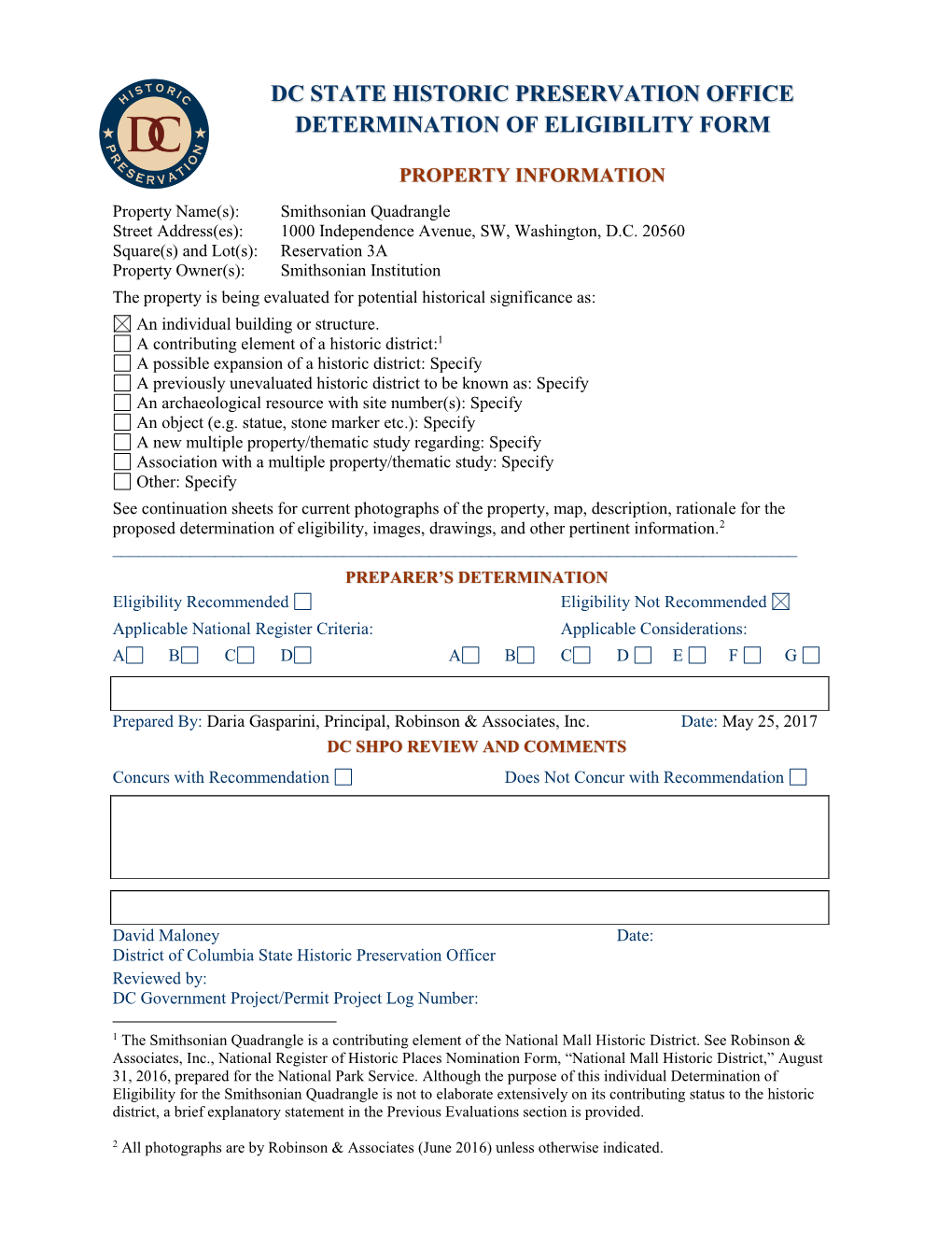 Dc State Historic Preservation Office Determination of Eligibility Form