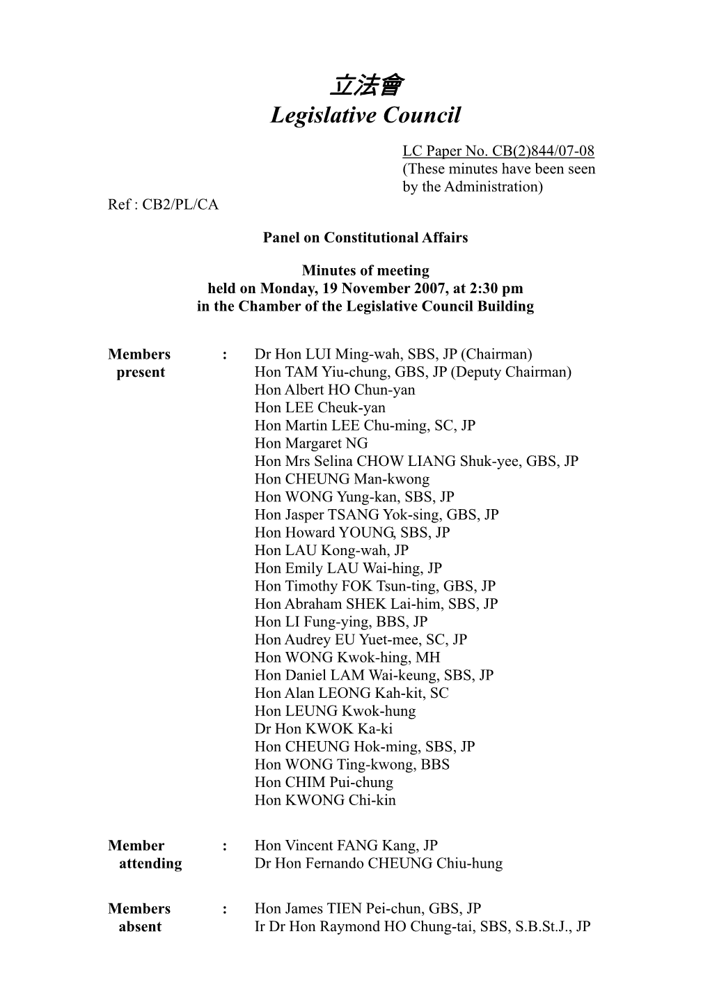 LC Paper No. CB(2)844/07-08 (These Minutes Have Been Seen by the Administration) Ref : CB2/PL/CA