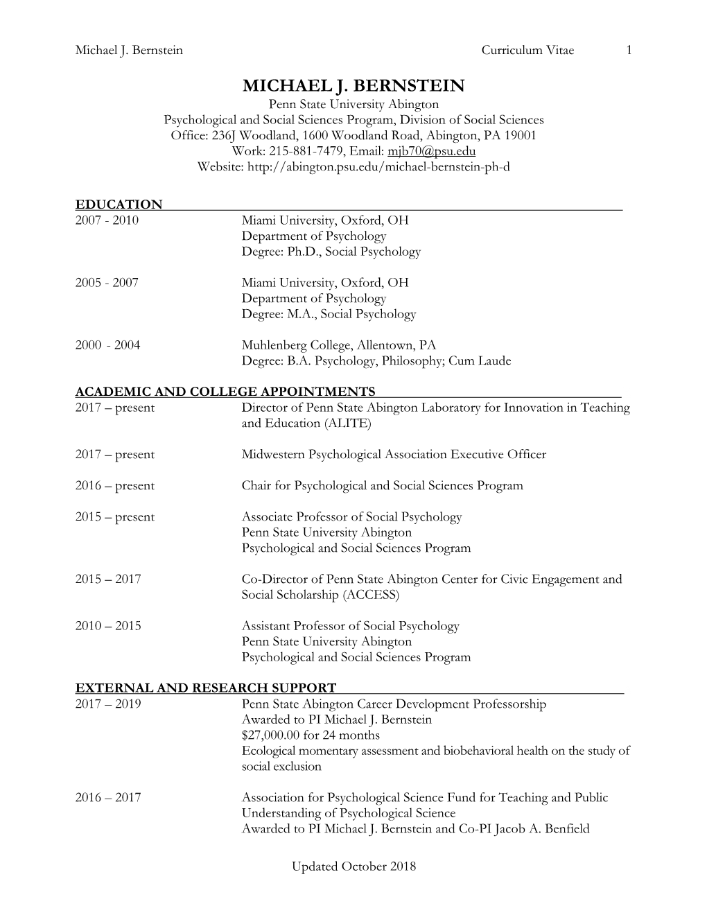 Michael J. Bernstein Curriculum Vitae Updated October 2018 1