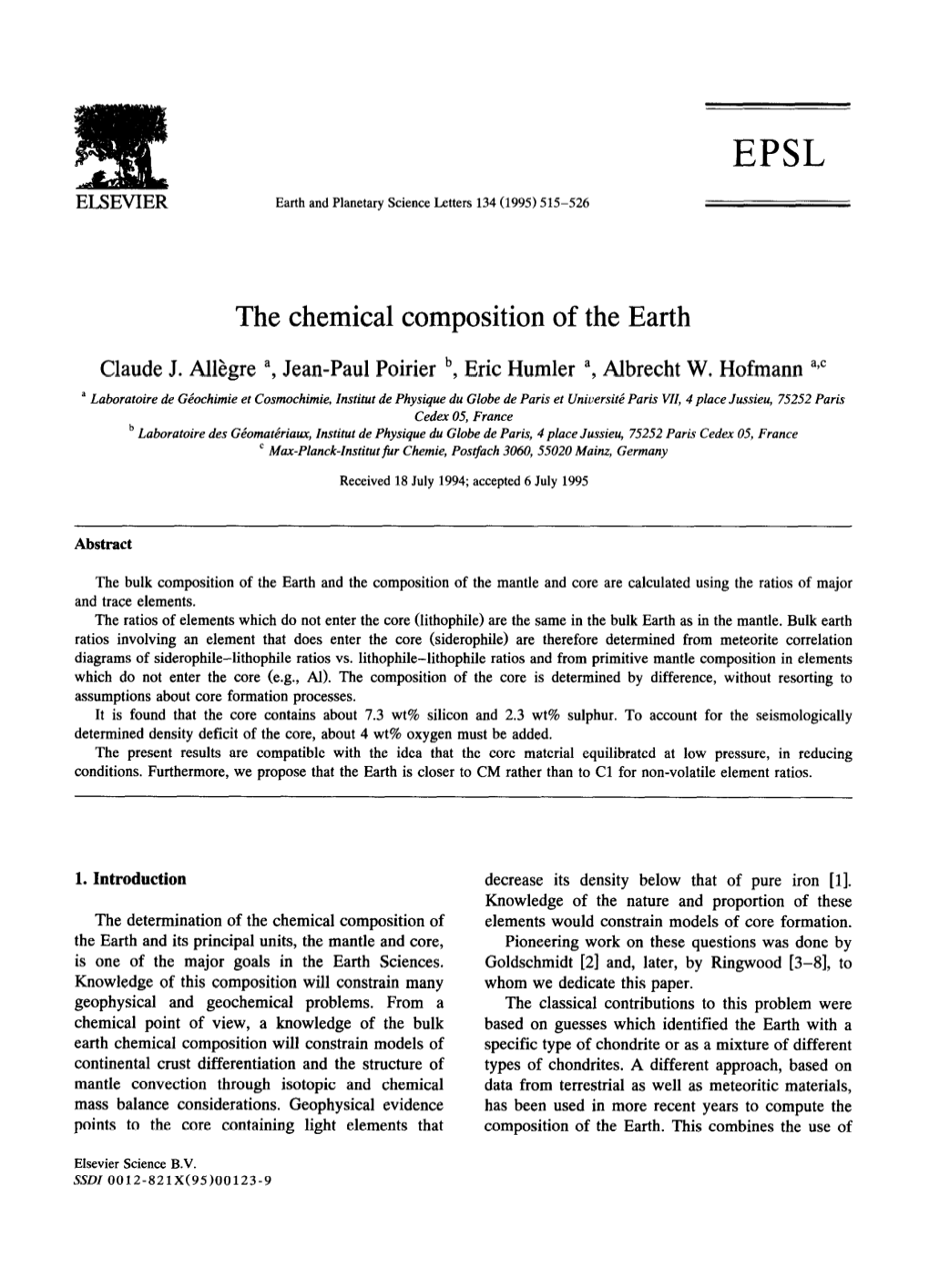 The Chemical Composition of the Earth