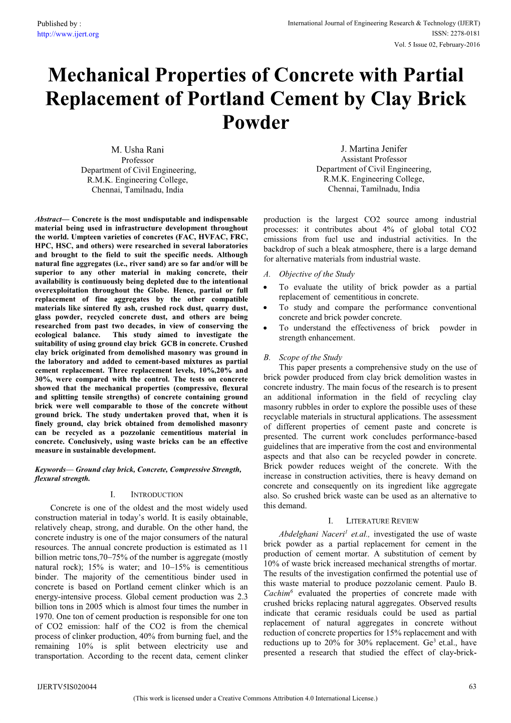 Mechanical Properties of Concrete with Partial Replacement of Portland Cement by Clay Brick Powder