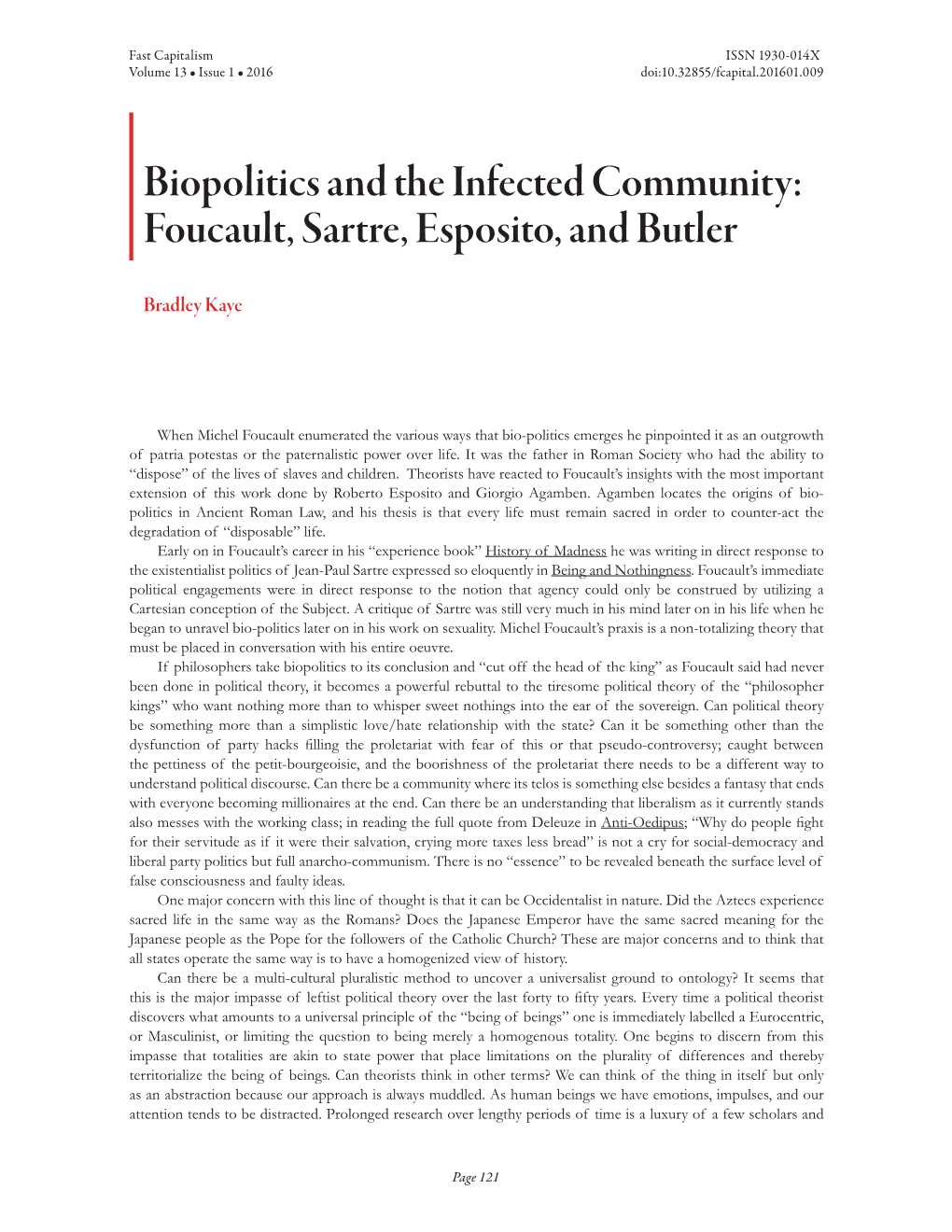 Biopolitics and the Infected Community: Foucault, Sartre, Esposito, and Butler