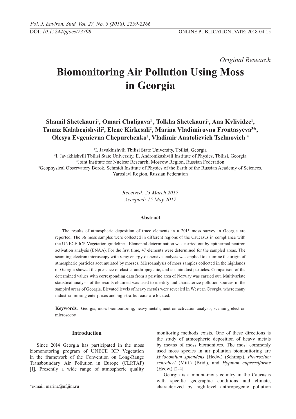 Biomonitoring Air Pollution Using Moss in Georgia