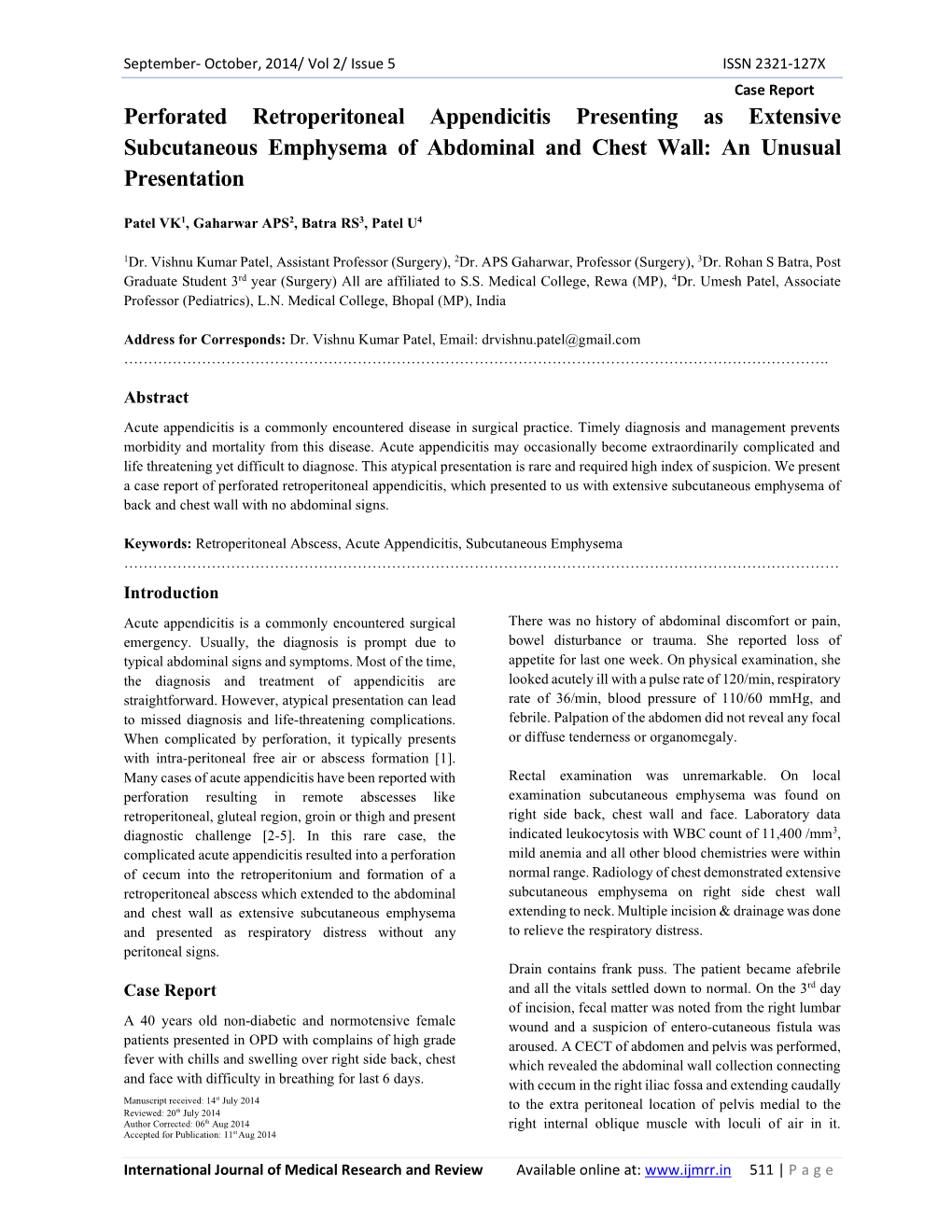 Perforated Retroperitoneal Appendicitis Presenting As Extensive Subcutaneous Emphysema of Abdominal and Chest Wall: an Unusual Presentation