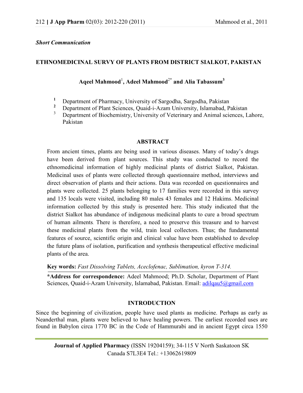 Ethnomedicinal Survy of Plants from District Sialkot, Pakistan