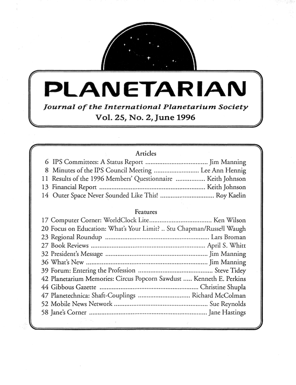 PLAN ETAR IAN Journal of the International Planetarium Society Vol