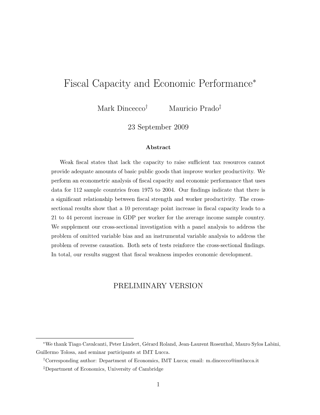Fiscal Capacity and Economic Performance∗