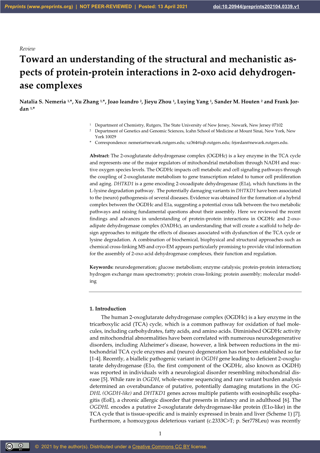 Pects of Protein-Protein Interactions in 2-Oxo Acid Dehydrogen- Ase Complexes