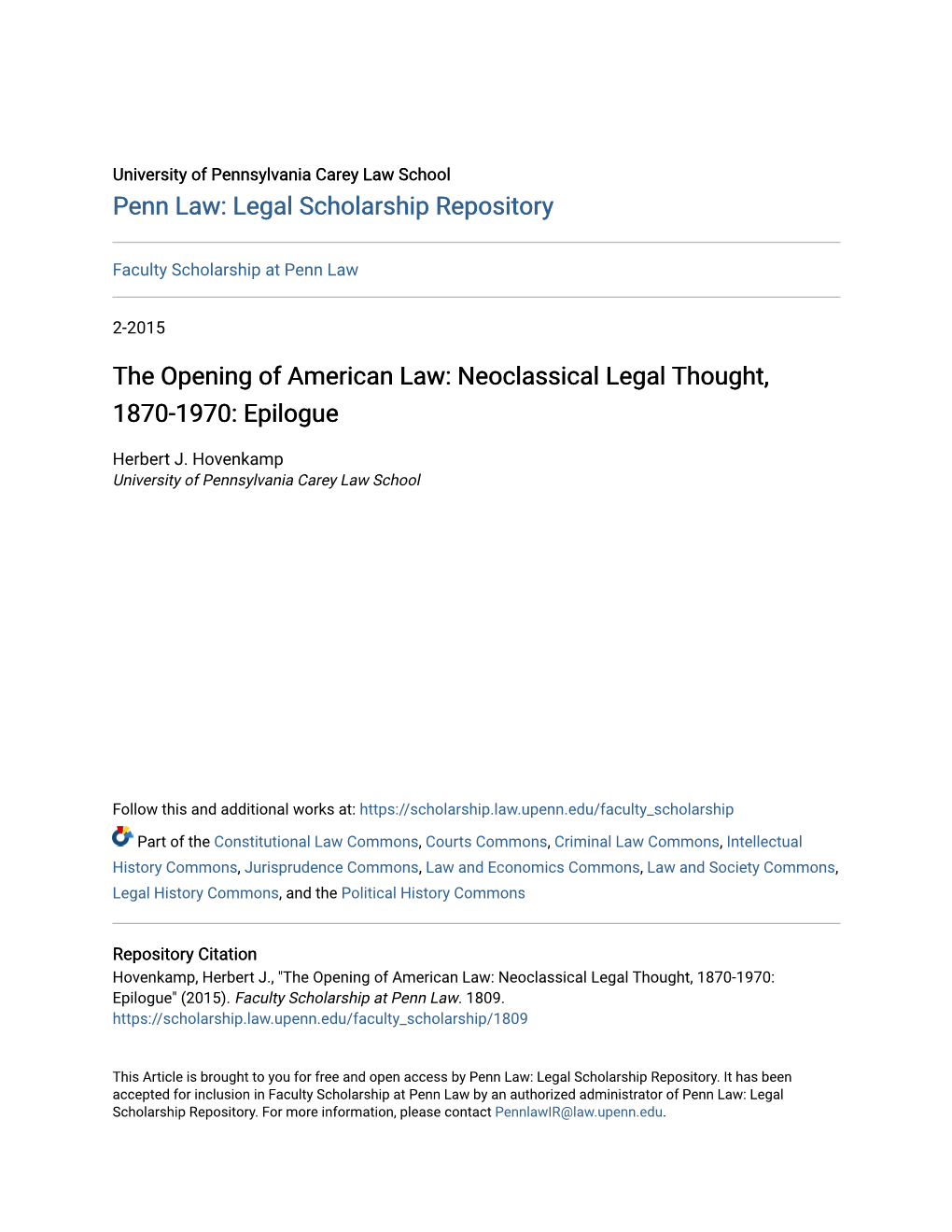 The Opening of American Law: Neoclassical Legal Thought, 1870-1970: Epilogue