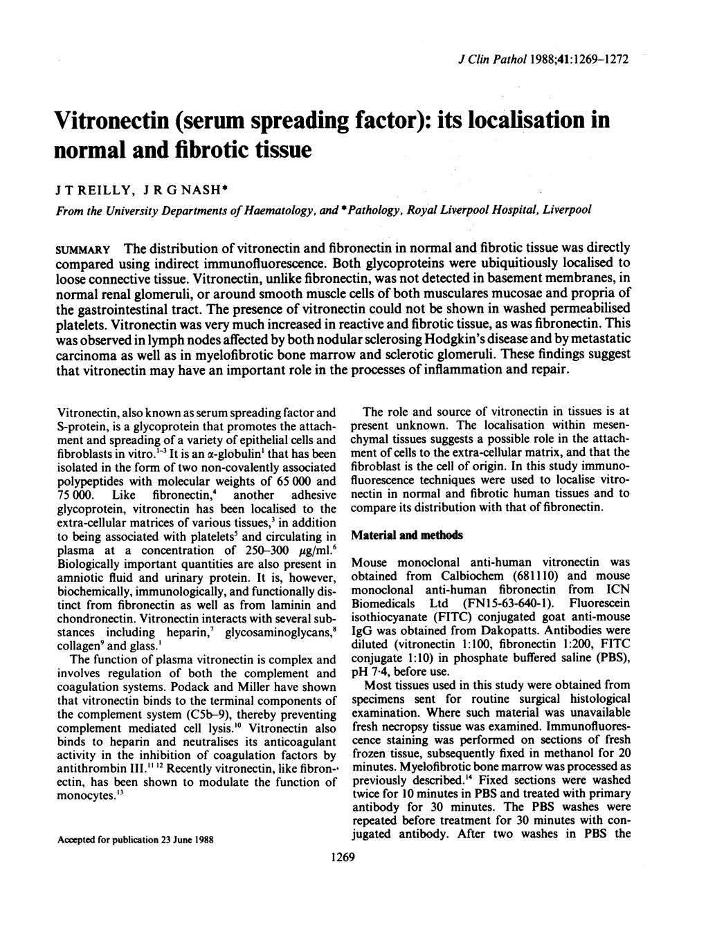 Vitronectin (Serum Spreading Factor): Its Localisation in Normal and Fibrotic Tissue