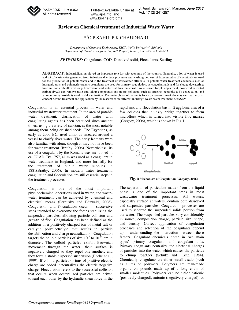 Review on Chemical Treatment of Industrial Waste Water * OPSAHU